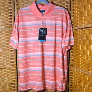 PGA Tour Men's Polo in Coral with White & blue Stripes